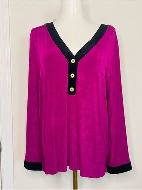 Chicos Women’s Long Sleeve Top Raspberry&Black V-Neck Sz 3 XL slinky Work Career